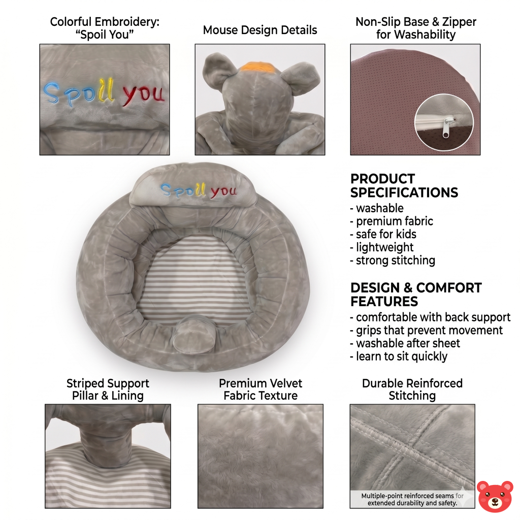 Premium Plush Baby Support Seat Sofa – Ergonomic Learning-to-Sit Chair with Non-Slip Base and Washable Cover for Infants (0-1 Year)