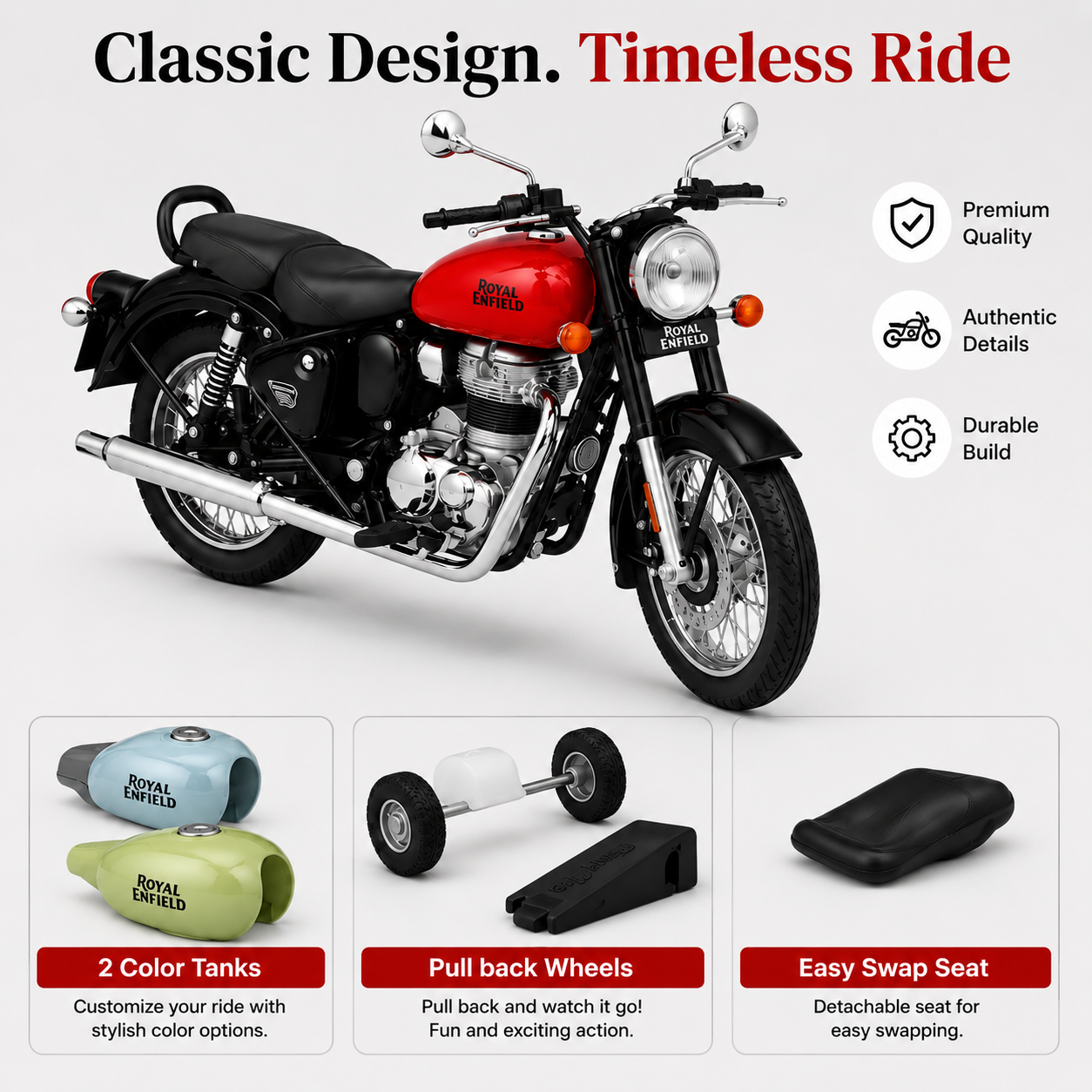 Royal Enfield Classic 350 Die-Cast Toy Bike | Pull Back & 2 Seat Modes