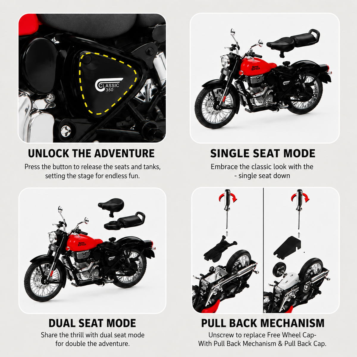Royal Enfield Classic 350 Die-Cast Toy Bike | Pull Back & 2 Seat Modes