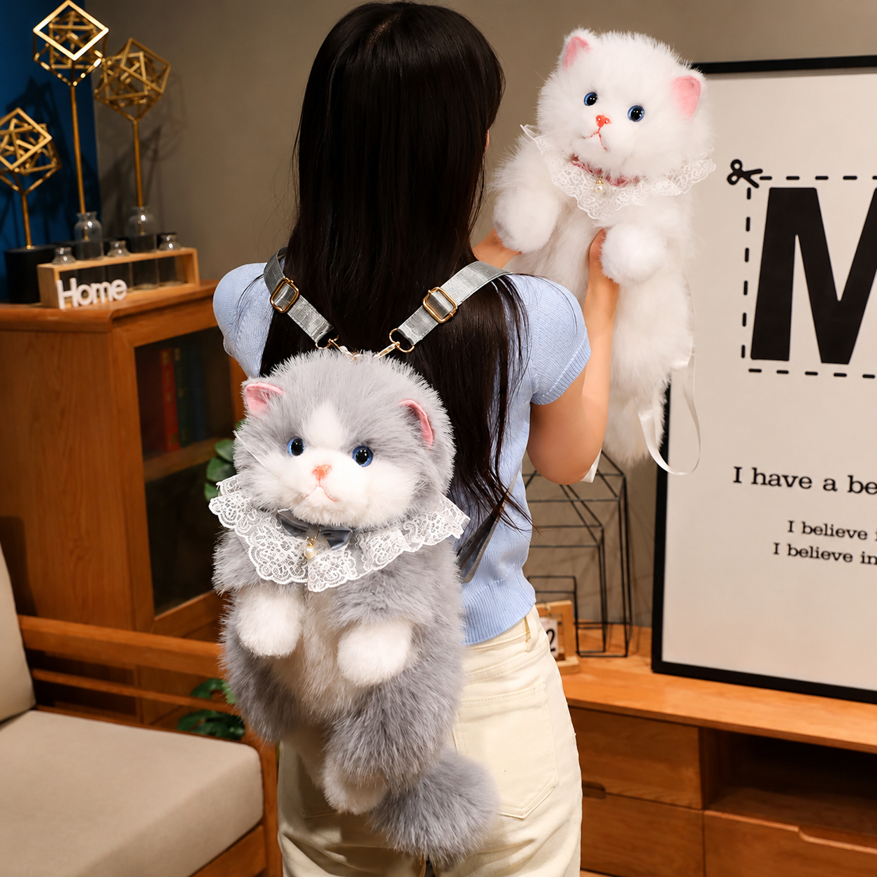 Cute Cat Plush Backpack for Girls & Women Kawaii Soft Toy Cat Bag with Sound, Fluffy Stuffed Animal Shoulder Backpack