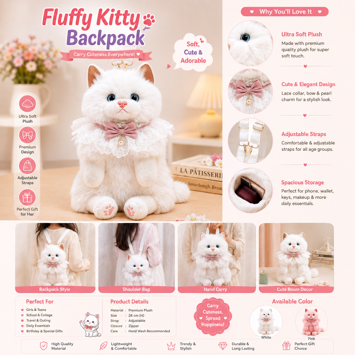 Cute Cat Plush Backpack for Girls & Women Kawaii Soft Toy Cat Bag with Sound, Fluffy Stuffed Animal Shoulder Backpack