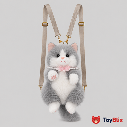Cute Cat Plush Backpack for Girls & Women Kawaii Soft Toy Cat Bag with Sound, Fluffy Stuffed Animal Shoulder Backpack