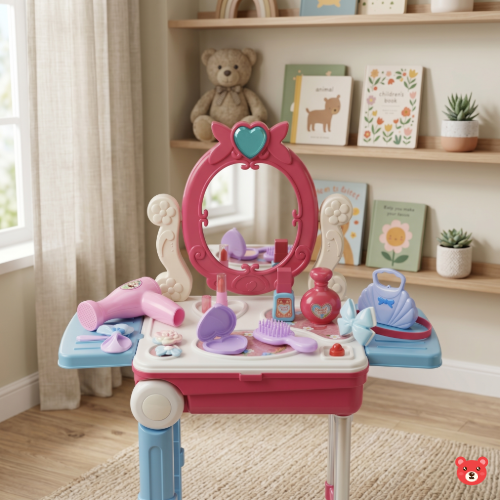2-in-1 Kids Princess Vanity Playset with Portable Trolley Suitcase