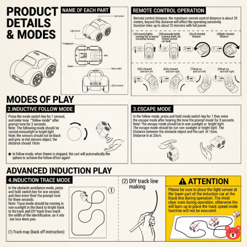 Magic Induction Smart RC Car – 3-in-1 Line Tracking, Follow & Escape Modes with Remote Control