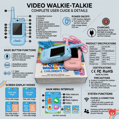 Kids Smart Video Walkie-Talkie Set–Interactive 2.4G Wi-Fi Intercom Toy with 2.0 Inch IPS Screen
