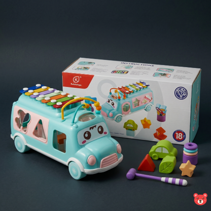6-in-1 Educational Musical Activity Toy Bus with Xylophone, Shape Sorter, and Bead Maze for Toddlers
