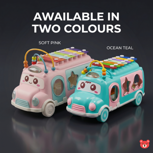 6-in-1 Educational Musical Activity Toy Bus with Xylophone, Shape Sorter, and Bead Maze for Toddlers