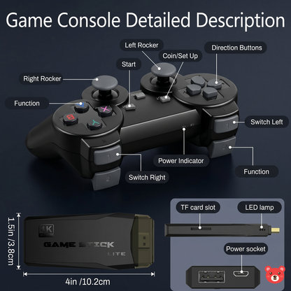 4K Ultra HD Wireless Retro Game Stick Lite–3D N64 Game Box with 20,000+ Games, Dual 2.4G Wireless Gamepads Gamepads, and TF Card Slot