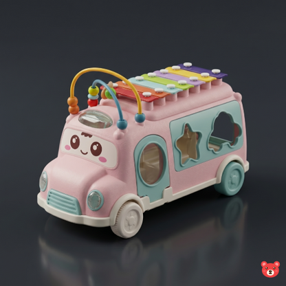 6-in-1 Educational Musical Activity Toy Bus with Xylophone, Shape Sorter, and Bead Maze for Toddlers