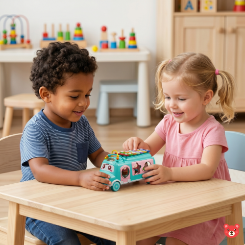 6-in-1 Educational Musical Activity Toy Bus with Xylophone, Shape Sorter, and Bead Maze for Toddlers