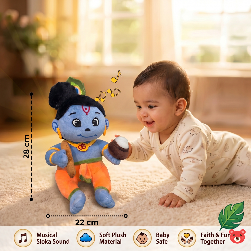 Little Krishna Musical Plush Toy – Soft, Devotional & Baby-Safe Eco-Friendly Toy (28 CM)