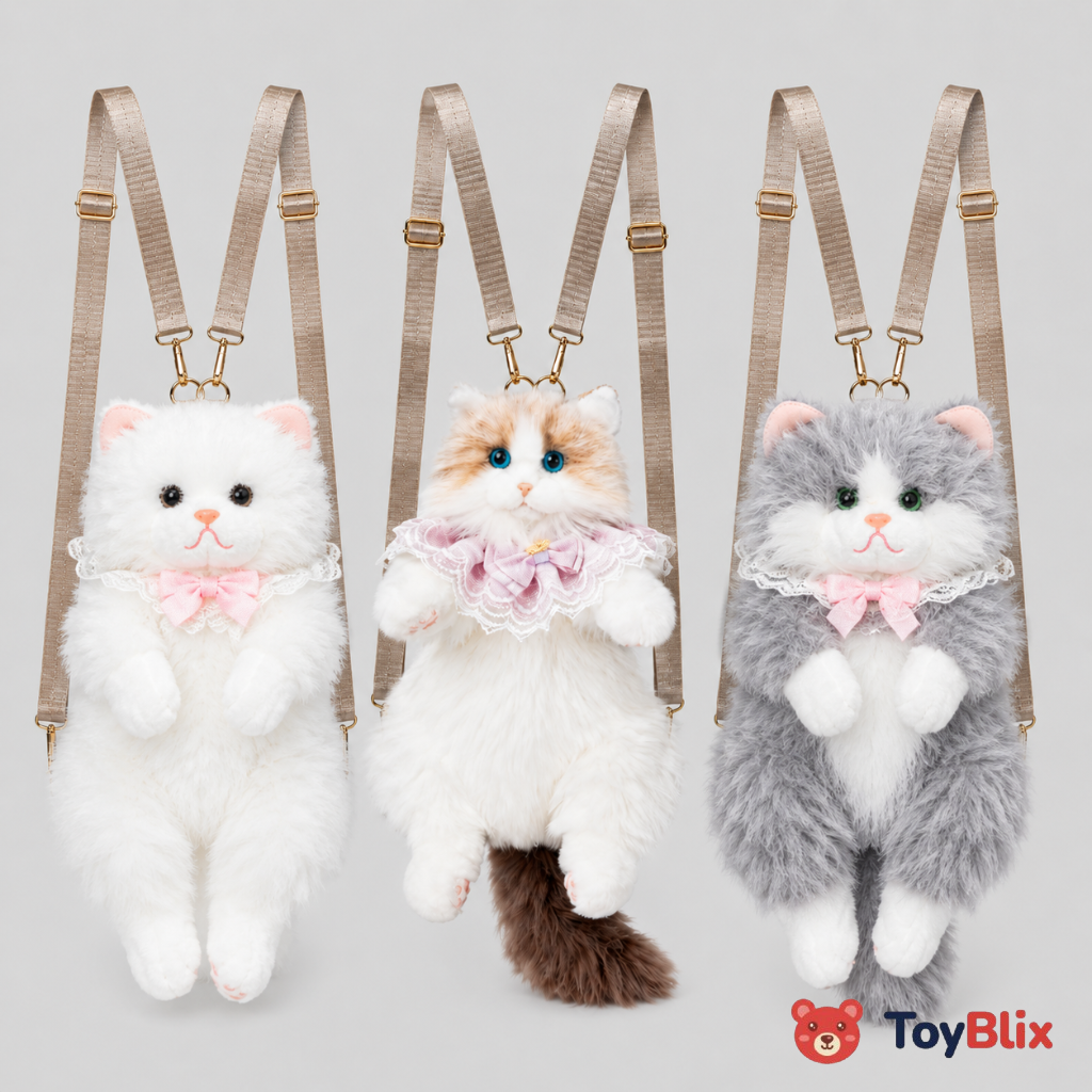 Cute Cat Plush Backpack for Girls & Women Kawaii Soft Toy Cat Bag with Sound, Fluffy Stuffed Animal Shoulder Backpack