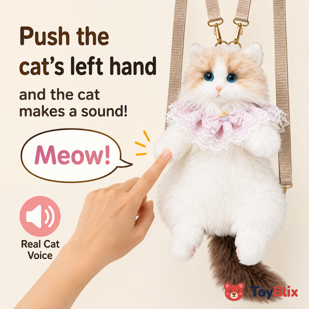 Cute Cat Plush Backpack for Girls & Women Kawaii Soft Toy Cat Bag with Sound, Fluffy Stuffed Animal Shoulder Backpack
