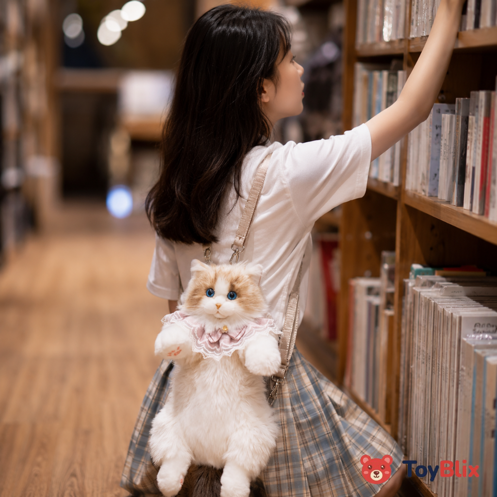 Cute Cat Plush Backpack for Girls & Women Kawaii Soft Toy Cat Bag with Sound, Fluffy Stuffed Animal Shoulder Backpack