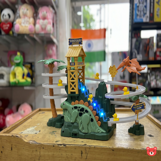 Automatic Dinosaur Climbing Stairs Track Toy – Interactive Musical Roller Coaster Play Set with LED Lights and Dual Power Modes