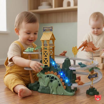 Automatic Dinosaur Climbing Stairs Track Toy – Interactive Musical Roller Coaster Play Set with LED Lights and Dual Power Modes
