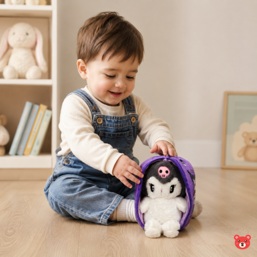 2-in-1 Reversible Kuromi Soft Toy and Zipper Pouch Bag with Metal Carabiner Clip