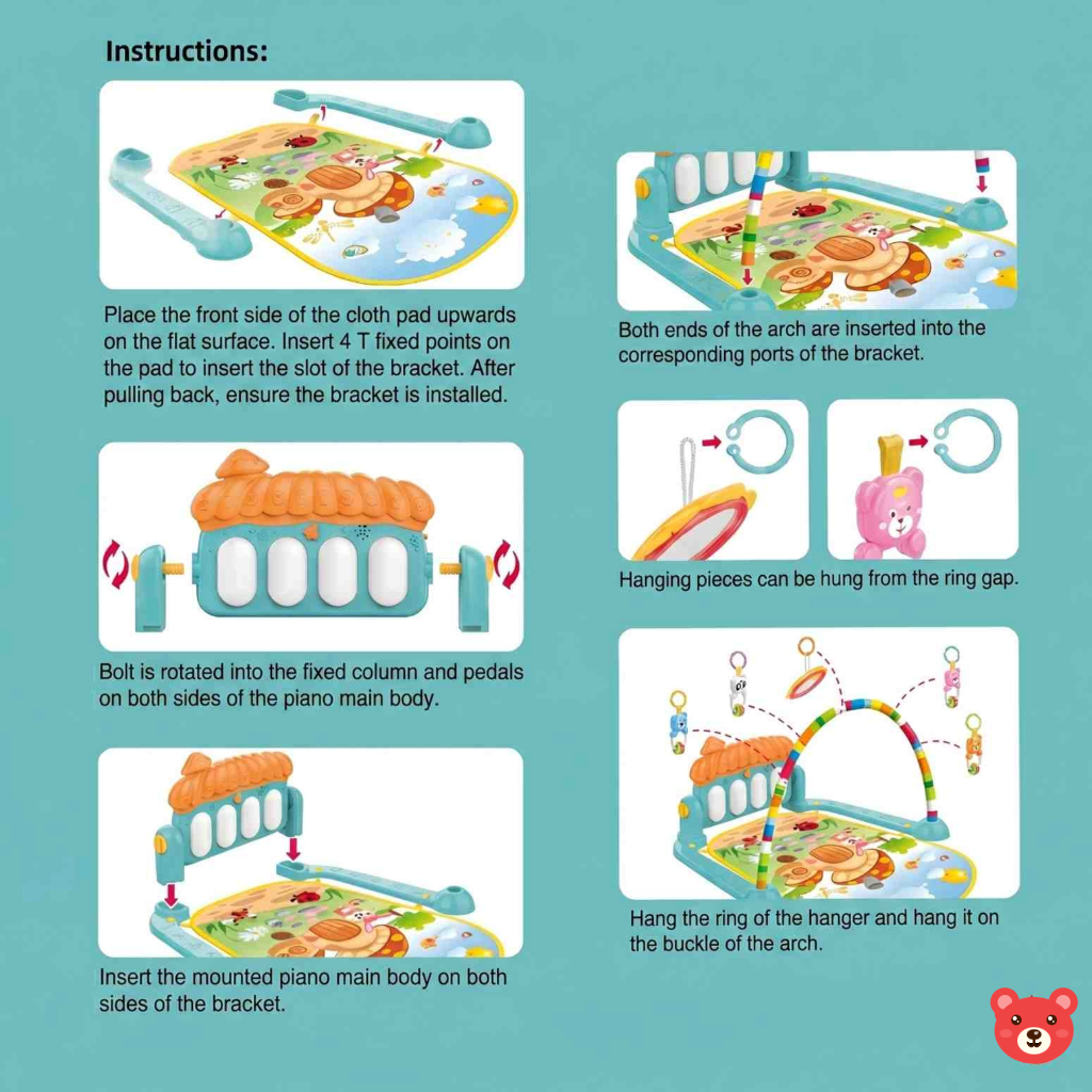 3-in-1 Interactive Baby Kick & Play Piano Gym Mat with Detachable Musical Crib Toy and Sensory Rattles