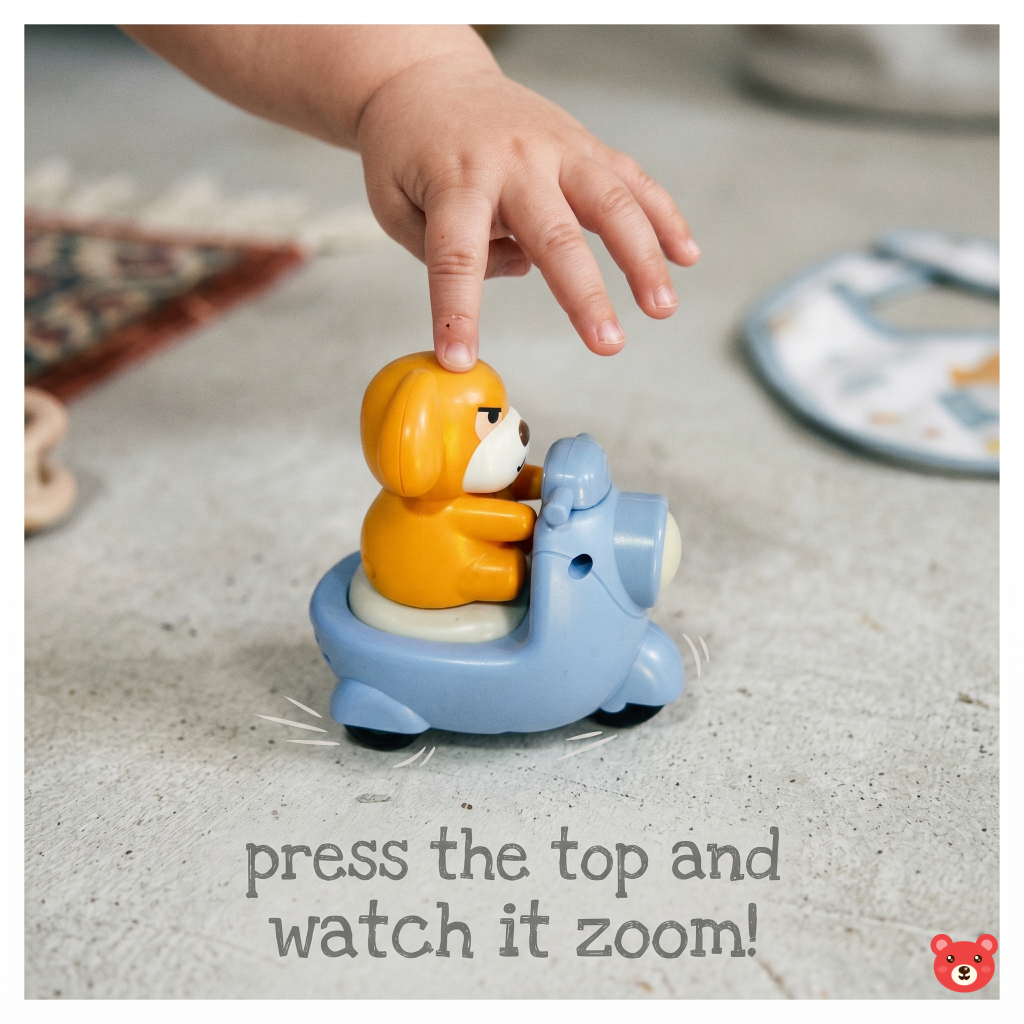 Press and Go Dog Scooter Toy – Friction Powered Wind-Up Crawling Toy for Toddlers